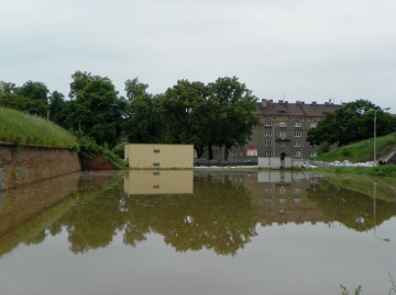 Voda v příkopu před bastionem 8. V pozadí je již nová zástavba Terezína. Foto: Matouš Lacko.