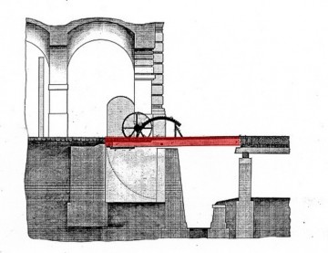 Na kresbě je znázorněna funkce mechanismu padacího mostu – brána je otevřena).